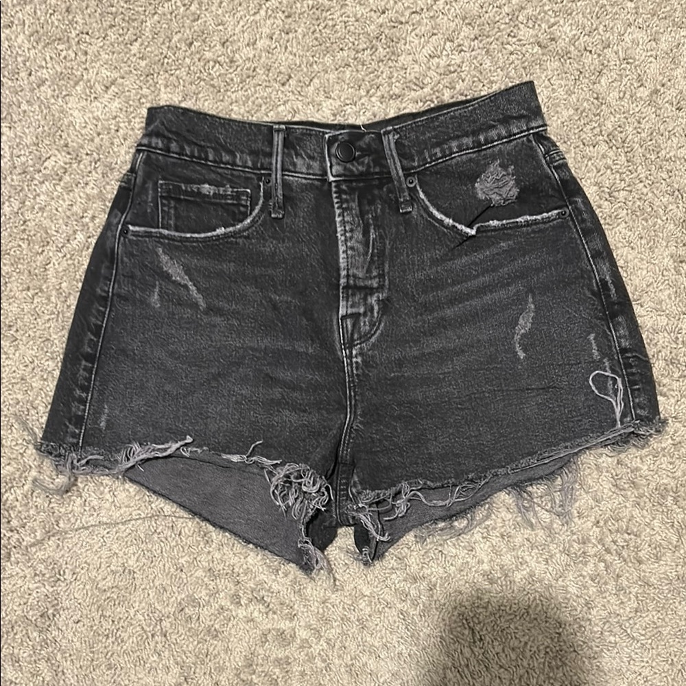 Good American Distressed Black Denim Shorts